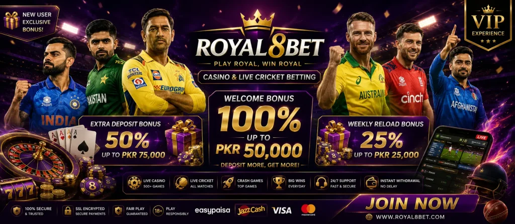 Royal8bet Game casino and live cricket betting banner featuring welcome bonus, cricket players, casino games, EasyPaisa, JazzCash, and VIP rewards.