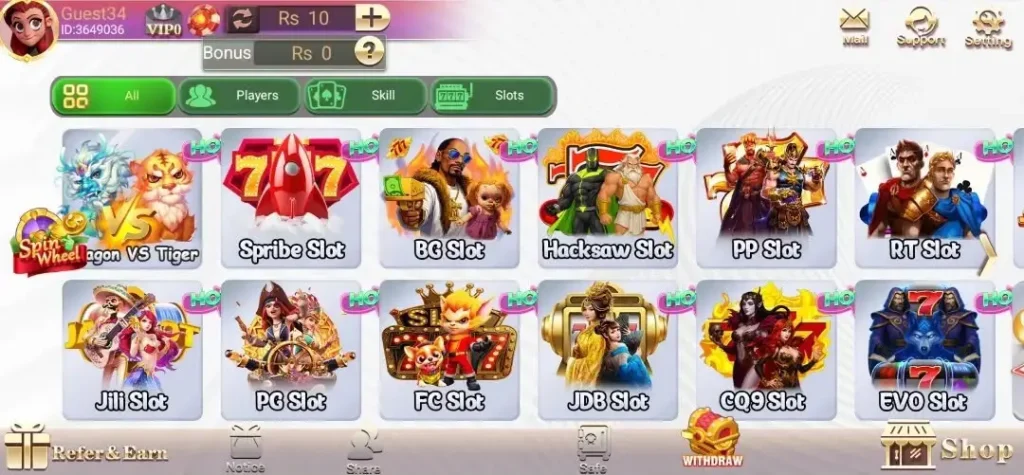 3Patti Crash Game lobby featuring slots, mini-games, and entertainment categories.