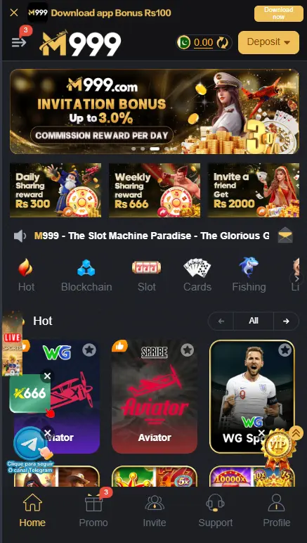 M999 Game home screen featuring slots, cards, fishing, and referral bonuses