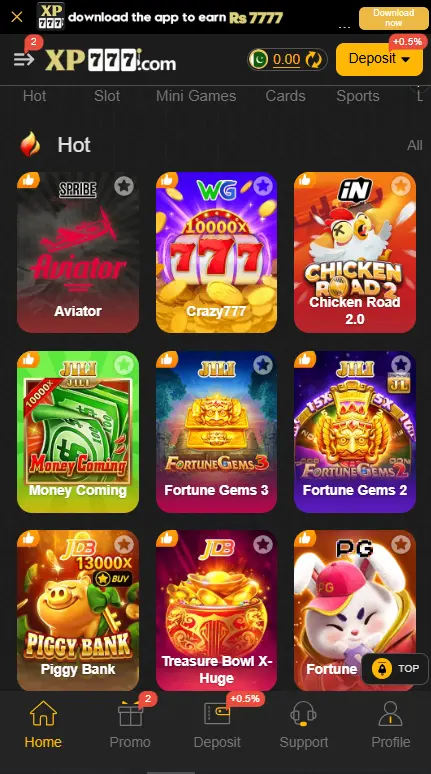 Xp777 Game home screen with Aviator slots cards mini games and sports