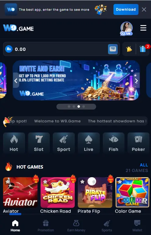 W9 Game home screen hot games Aviator Chicken Road