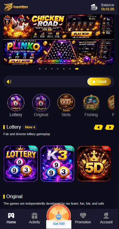 Royal8bet Game app home screen showing lottery games, slots, fishing games, bonuses, and gaming categories on Android.