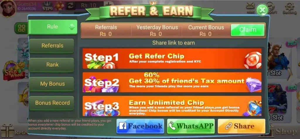 3Patti Crash Game referral program screen with earn rewards and invite friends feature.