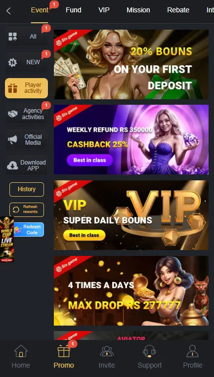 Six Game bonus promotions, VIP rewards and cashback offers dashboard