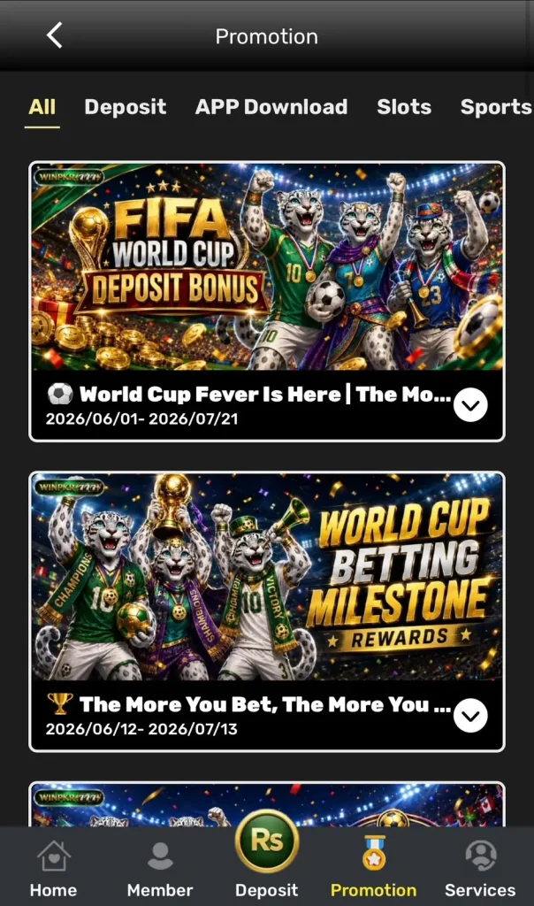 WinPkr777 Game Promotion Screen World Cup Offers