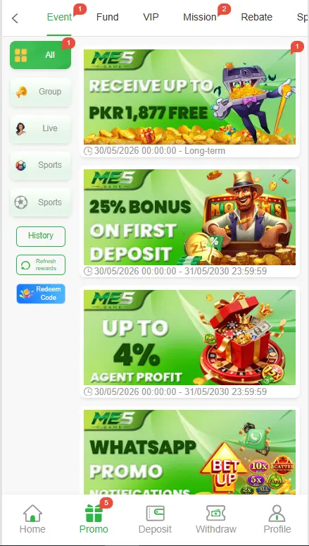 ME5 Game promotions page displaying bonus offers, free rewards, first deposit bonus, agent profit program, and WhatsApp promotion banners.