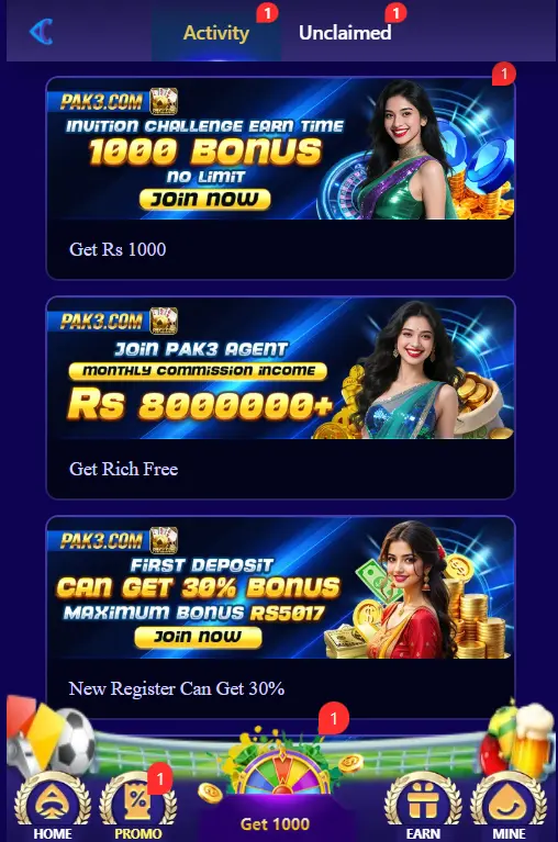 PAK3.COM promotions page showing bonus offers, agent program, and registration rewards.