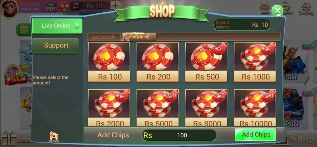 3Patti Crash Game deposit page showing EasyPaisa and JazzCash payment options.