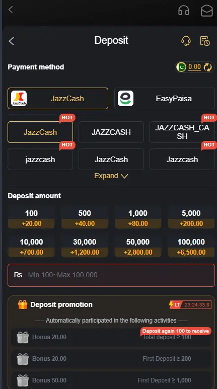 M999 Game deposit screen with EasyPaisa and JazzCash payment options
