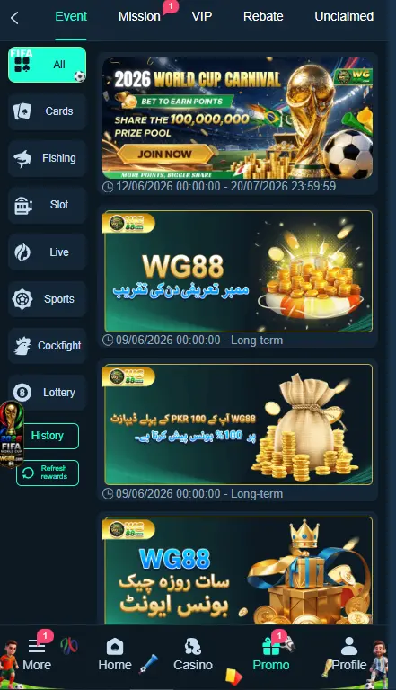 WG88 Game Events and Bonus Promotions for Pakistan Players
