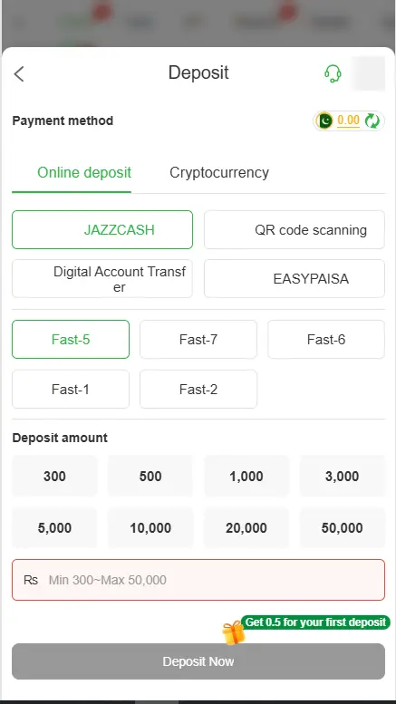 ME5 Game deposit page showing payment methods including JazzCash, Easypaisa, QR code scanning, and Fast deposit options with deposit amounts ranging from Rs 300 to Rs 50,000.