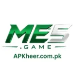ME5 Game logo in green and silver colors with the text "APKheer.com.pk" displayed below on a white background.