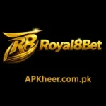 Gold and black promotional graphic featuring the “Royal8Bet” logo with a stylized golden emblem on a black background. The text “APKheer.com.pk” appears below the logo in gold lettering.