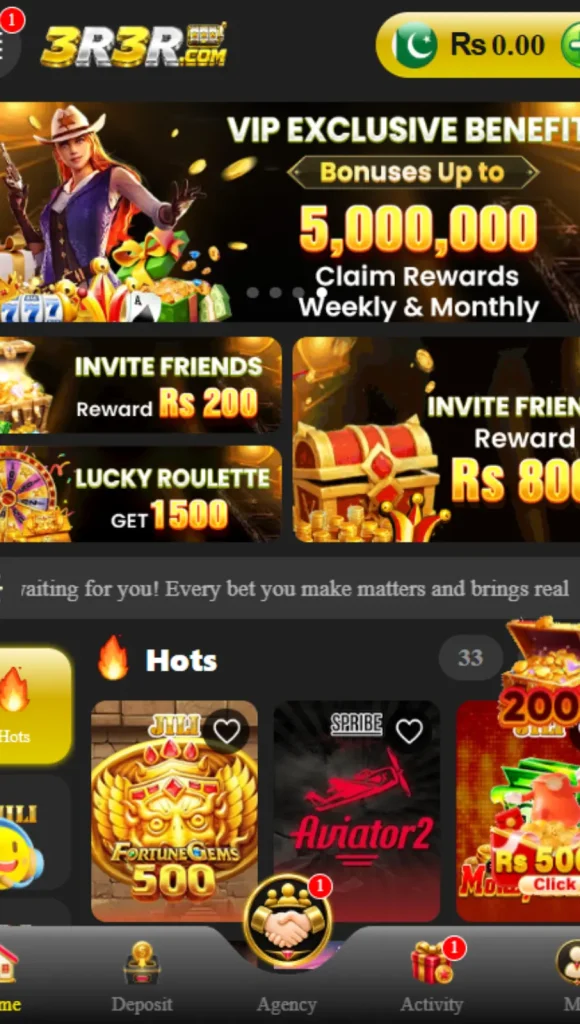 3R3R Game home screen with VIP benefits banner, Fortune Gems, and Aviator 2 games
