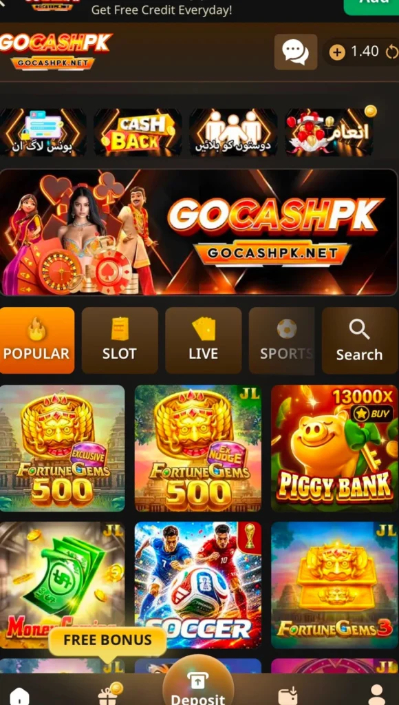 GoCashPK Game home screen popular slot live sports games Android Pakistan