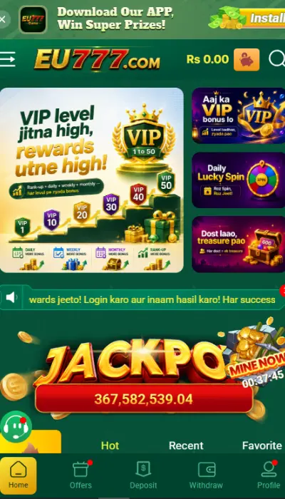 EU777 Game home screen displaying VIP rewards, jackpot, lucky spin, and gaming features.
