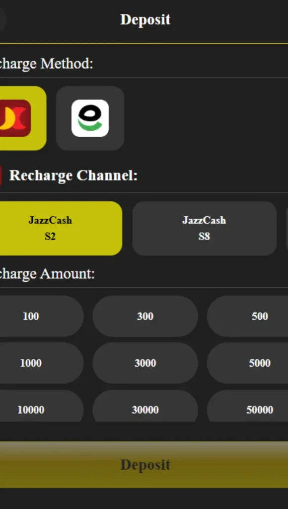 R3R Game deposit screen showing JazzCash and EasyPaisa recharge options
