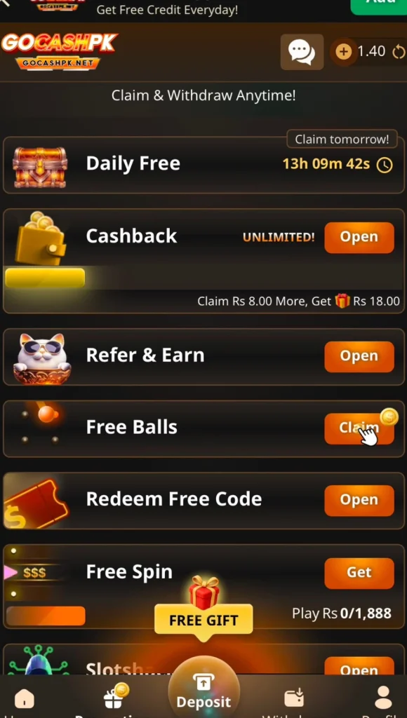 GoCashPK Game bonuses daily free cashback refer and earn free spin Pakistan