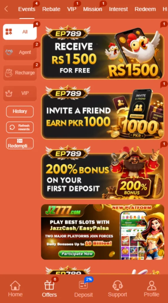 EP789 Game Bonus Offers Rs1500 Free 200% First Deposit Bonus Pakistan