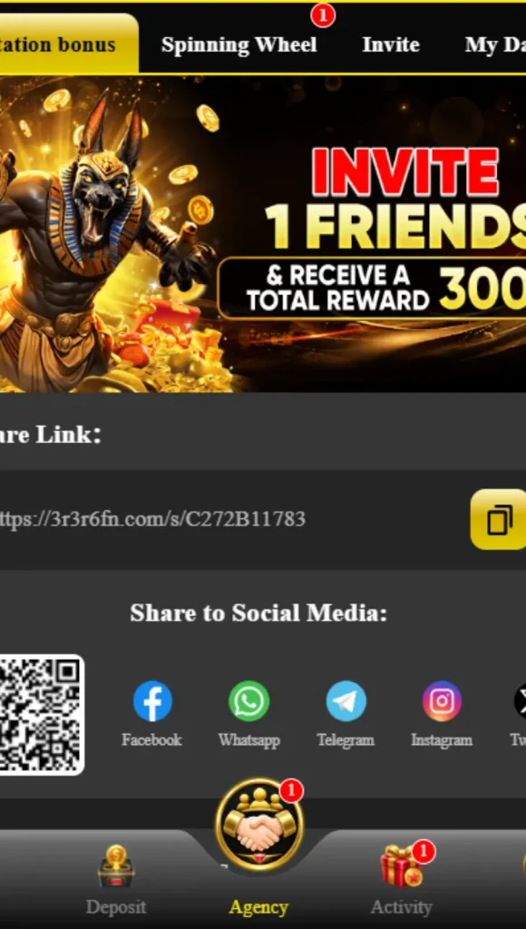 3R3R Game invite friends screen showing referral link and social media share options