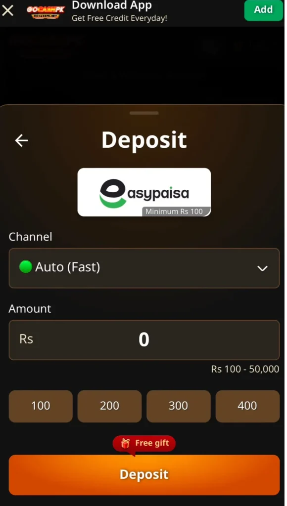GoCashPK Game deposit screen EasyPaisa Pakistan minimum Rs 100