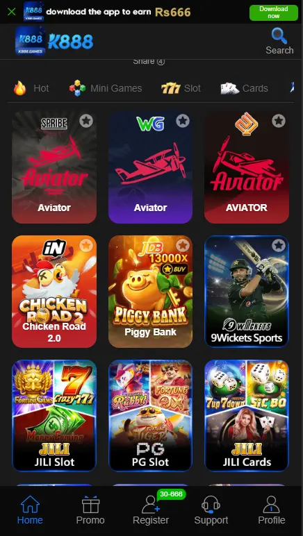 K888 Game app interface showing hot games like Aviator and JILI slots