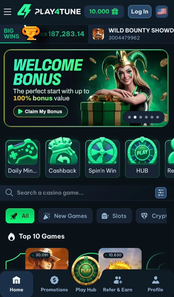 Play4Tune Game welcome bonus offer with 100 percent bonus value