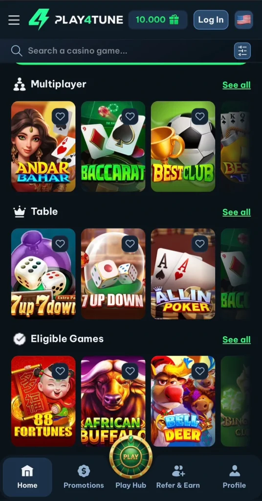 Play4Tune Game home screen showing multiplayer and table games