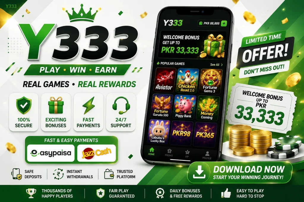 Y333 Game 3D logo banner with casino chips, playing cards, and premium black background
