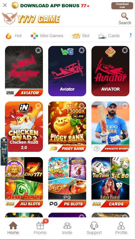 Y777 Game home screen with slots and card games