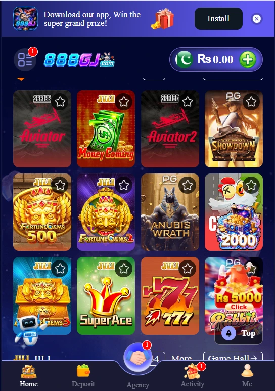 888GJ Game home screen with slots and card games
