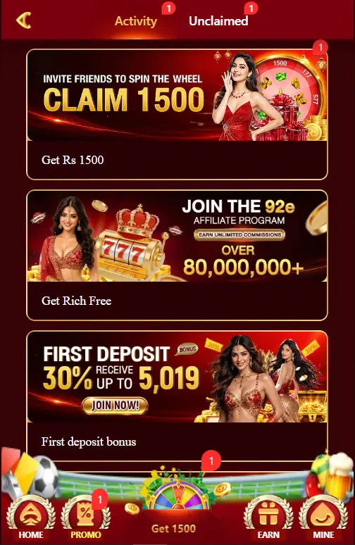 92e Game activity screen showing spin wheel and first deposit bonus