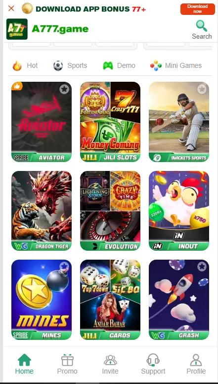 A777 Game home screen showing available games
