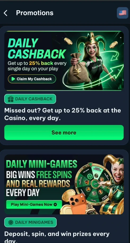 Play4Tune Game daily cashback and mini games promotions screen