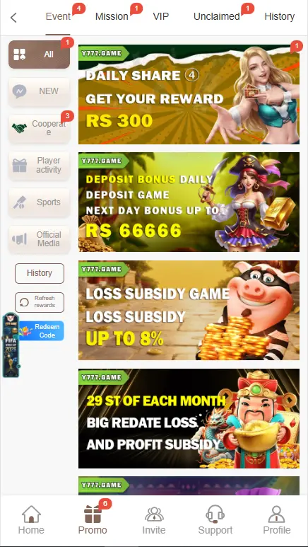 Y777 Game promo events and daily rewards screen