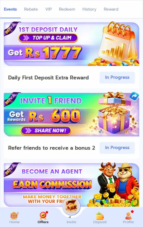 883V Game events screen showing daily deposit and referral rewards