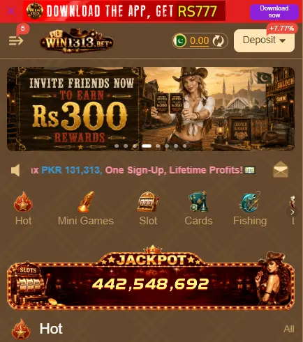 Win1313 Game homepage displaying jackpot counter and game categories