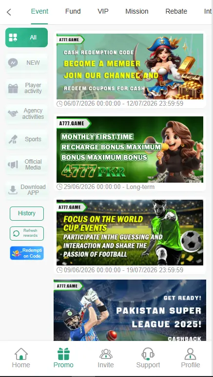 A777 Game promo events and rewards screen