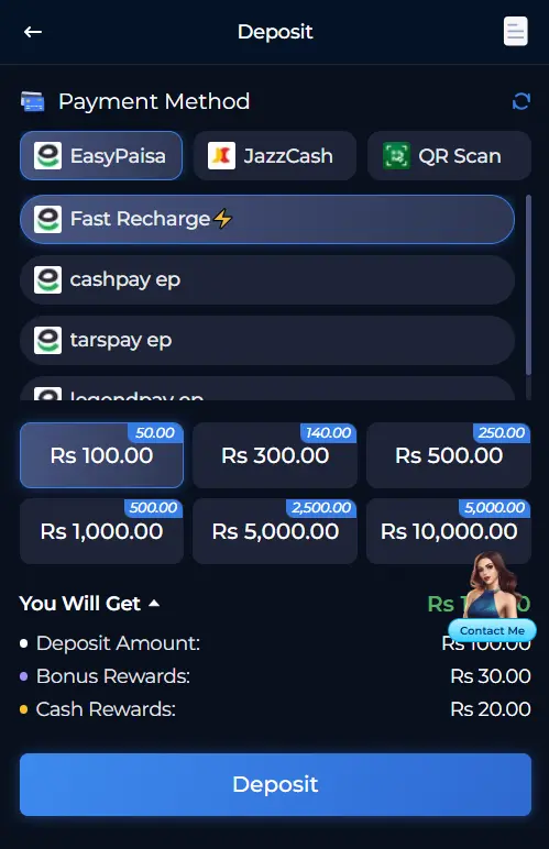 56Jeet Game deposit screen showing EasyPaisa and JazzCash options