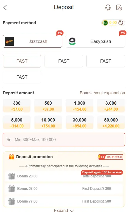 Y777 Game deposit screen with payment options