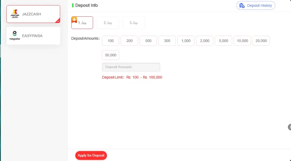 ER888 Game deposit screen with payment options