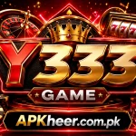 Y333 Game 3D logo banner with casino chips, playing cards, and premium black background