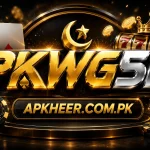 PKWG5D Game golden logo with playing cards, crown, and slot symbols for APKheer.com.pk