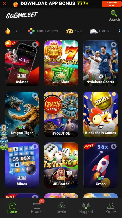 GoGame.bet game lobby featuring Aviator, Dragon Tiger, Crazy Time, Mines, Cricket, and slot games