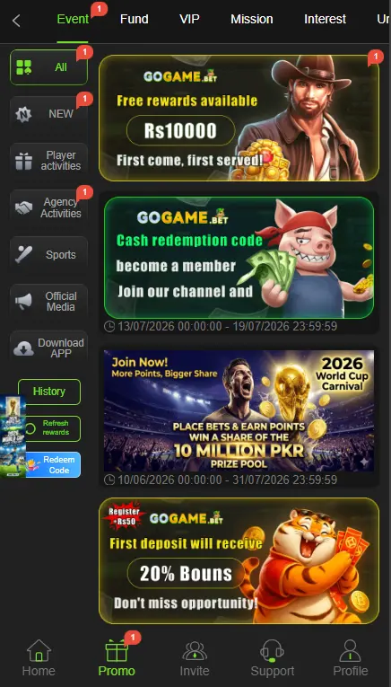 GoGame bet promotions page showing free rewards, bonus offers, redeem code, and event promotions