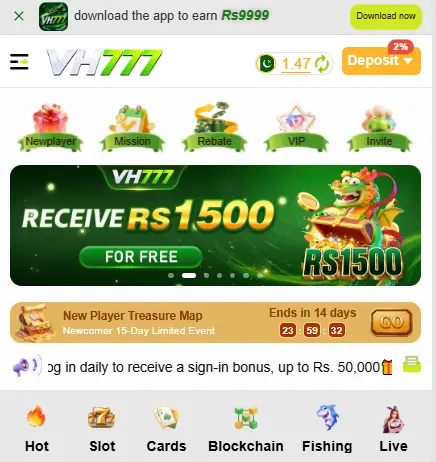 VH777 Game homepage with new player promotions and menu
