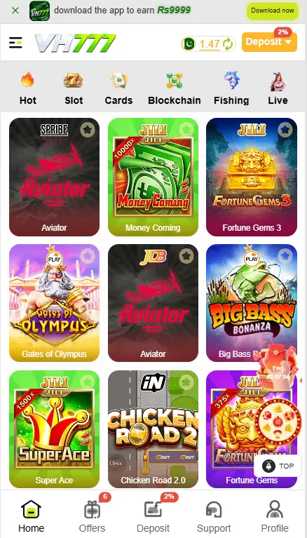 VH777 Game lobby showing slots cards and fishing games