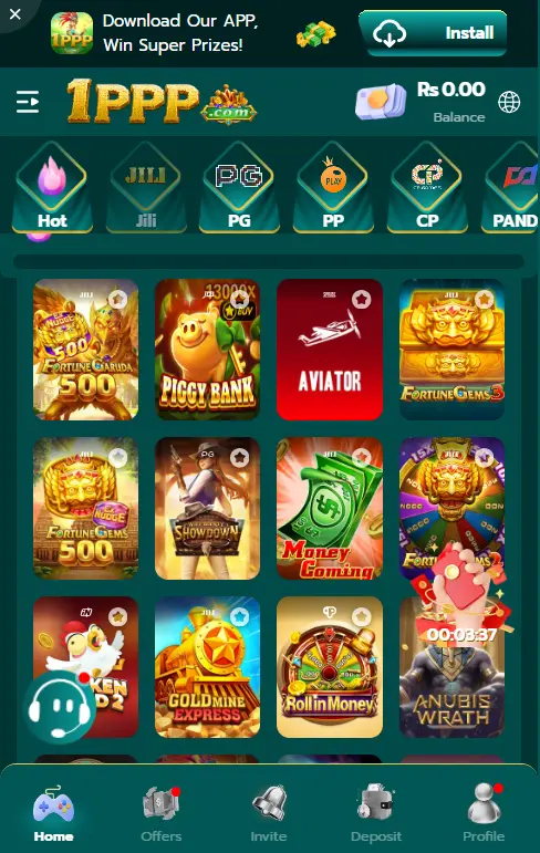 1PPP Game lobby showing Jili PG and PP game categories