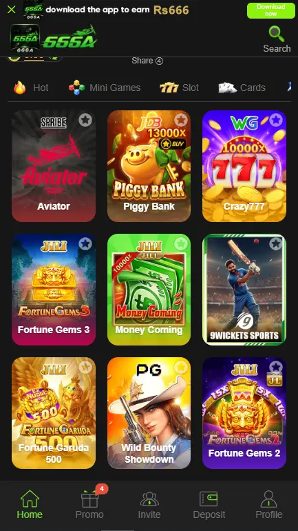 666A Game home screen showing Aviator and slot games