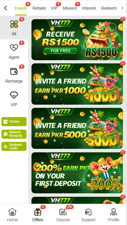 VH777 Game events and offers page with referral rewards